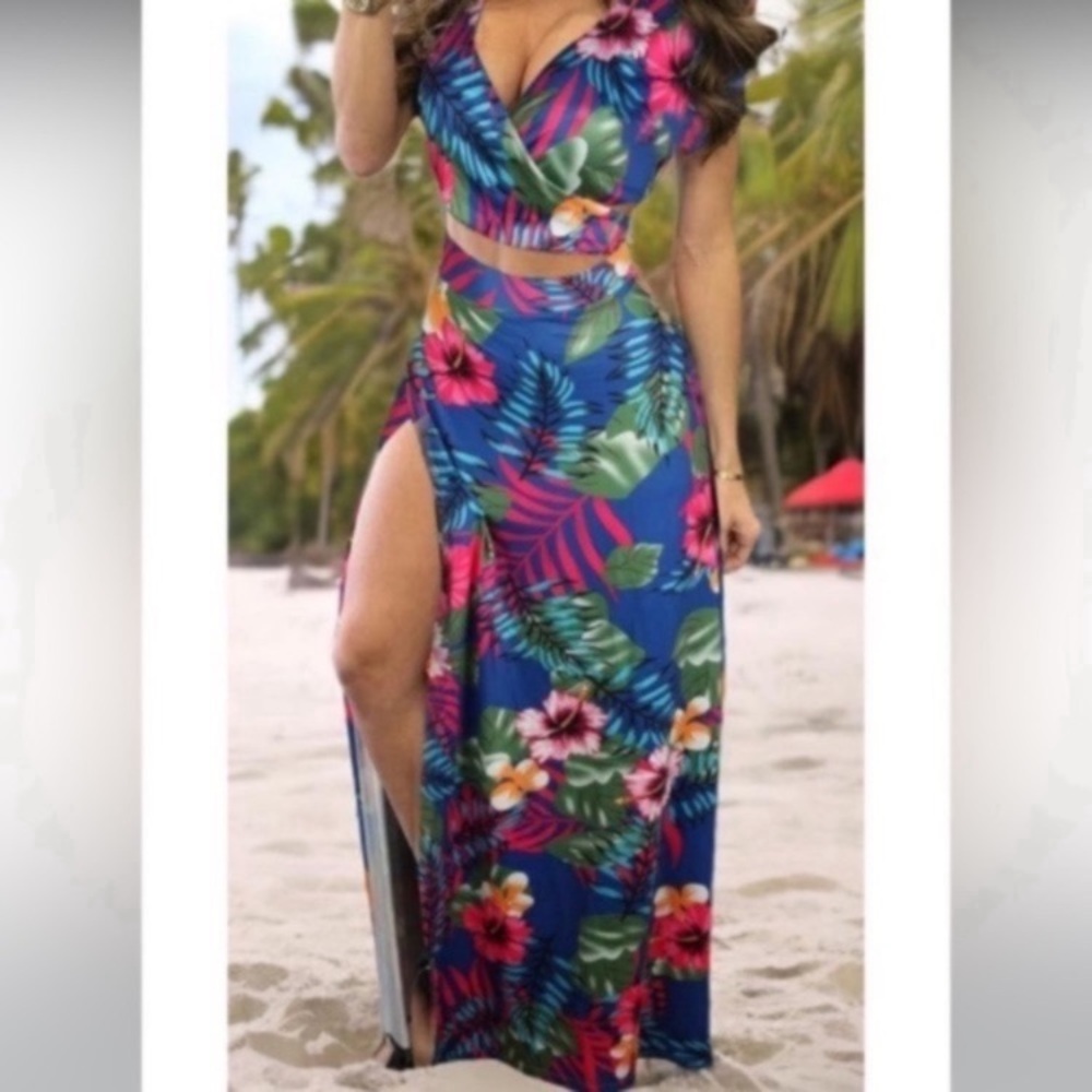~Women's Sexy V Neck Floral Printed Side Slit Two-Piece Maxi Dress~